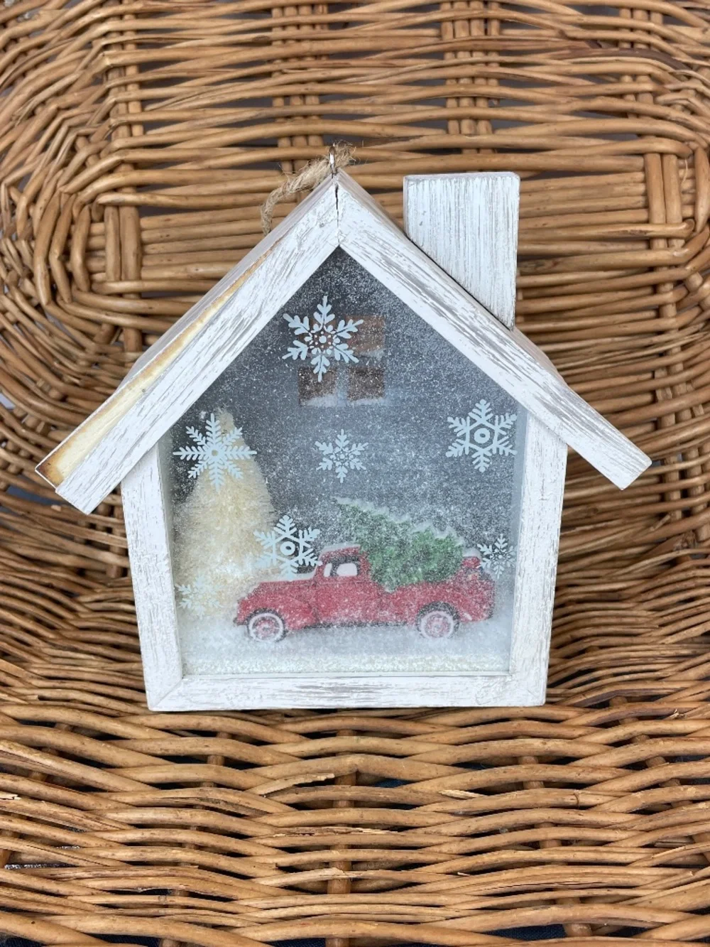 Vintage Christmas - Wood Snow Globe style House with Red Truck Christmas Tree